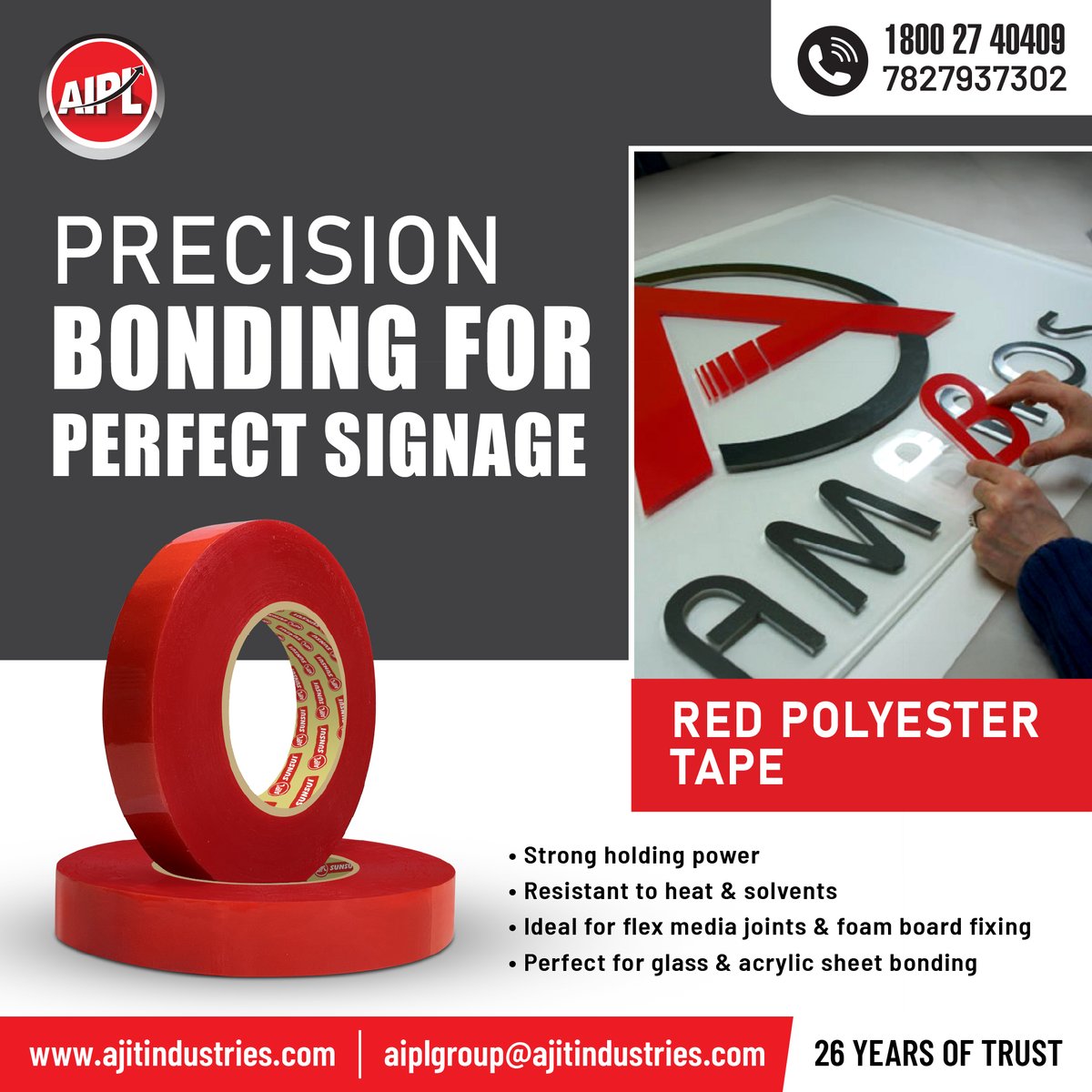AjitIndustriesO's tweet image. Stronger Hold for Flawless Signage 💪✨
AIPL Red Polyester Tape ensures strong holding power and a neat finish for all signage bonding needs📌🛠️

📞 7827937302
📩 aiplgroup@ajitindustries.com
🌐 ajitindustries.com

#Polyestertape #signageindustry #AIPLGroup  #AjitIndustries