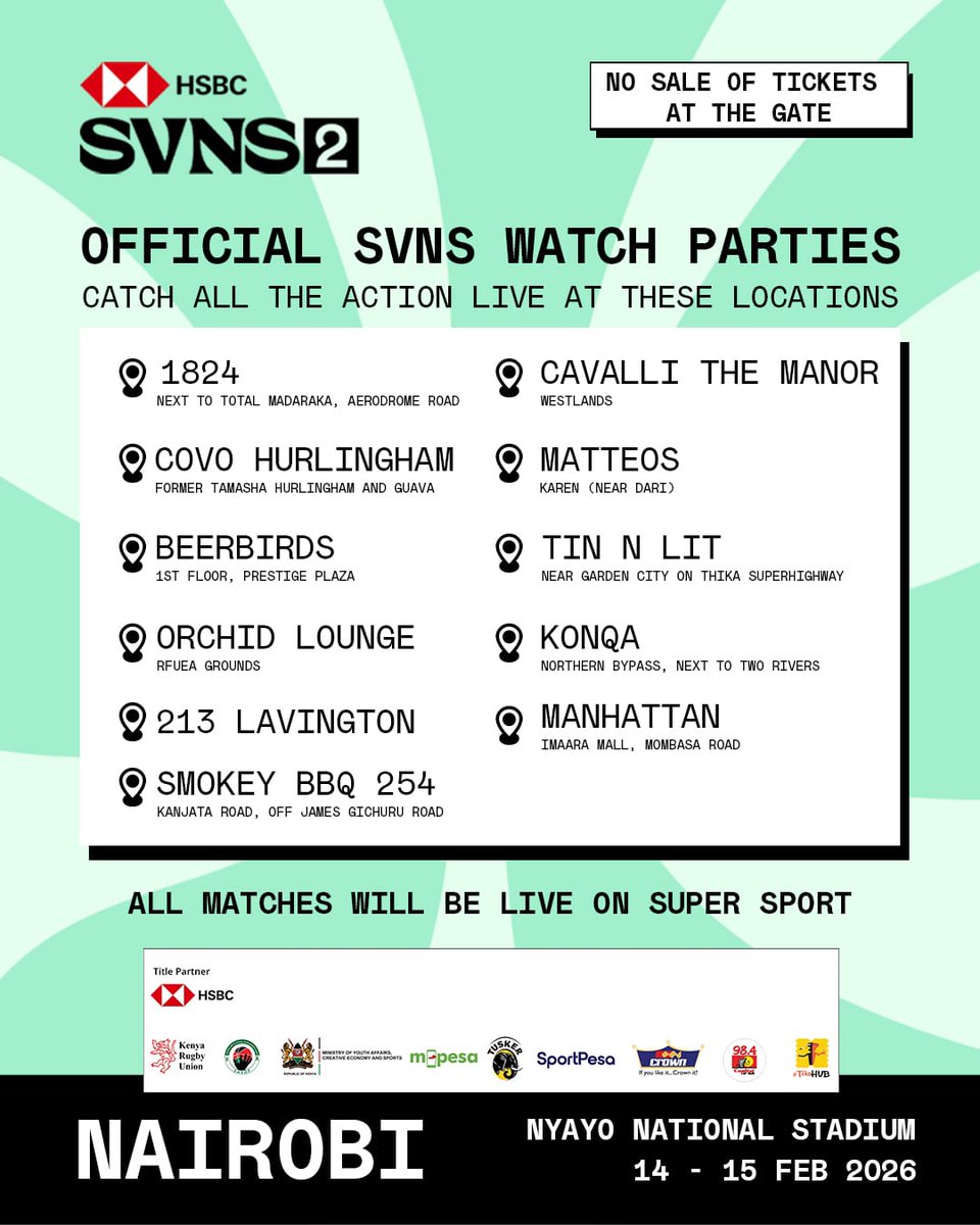 Missed the tickets, no worries!😃
We have you sorted. There will be several watch parties across town to ensure everyone is included .You can watch the games from home and cheer team Kenya as all games will be live on Supersport.

#HSBCSVNS #HSBCSVNS2 #KenyaCornerIsHome