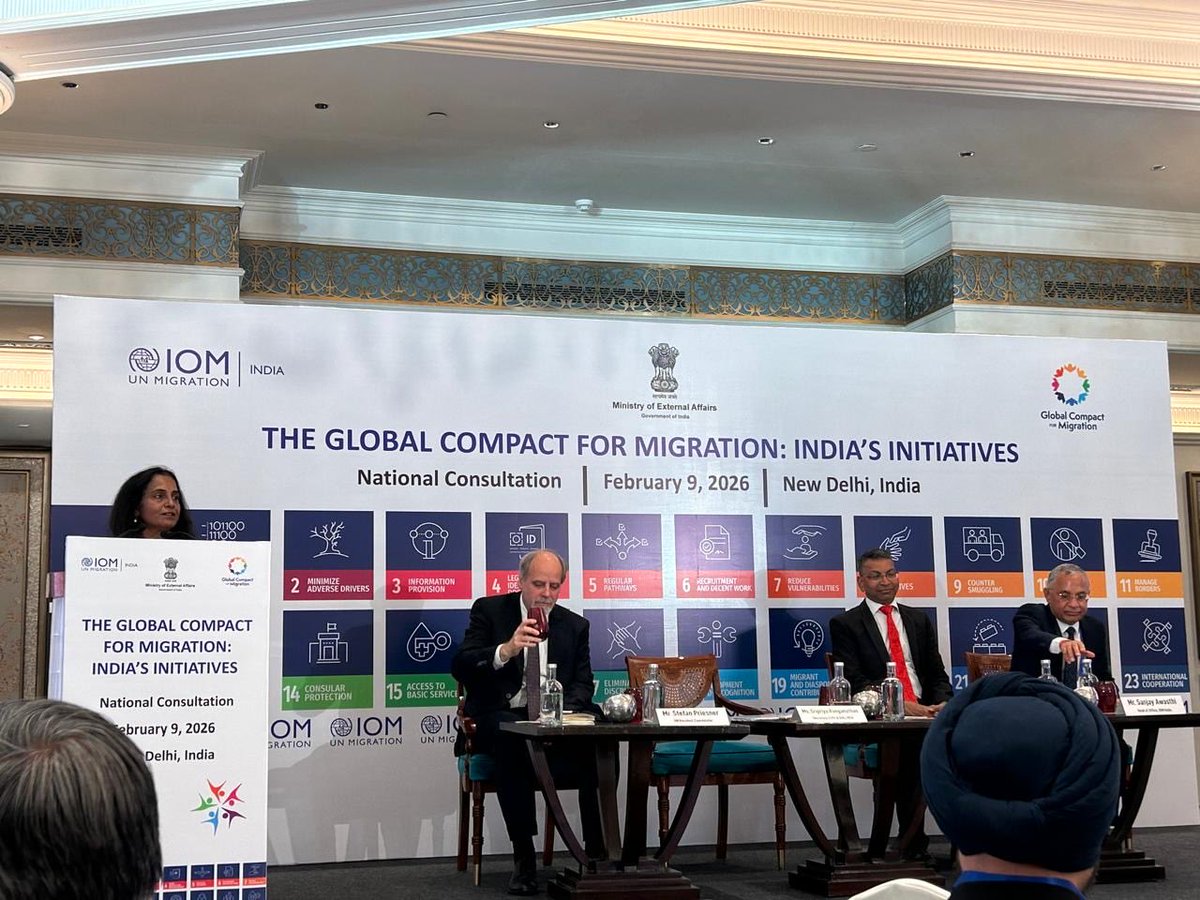 MEAIndia's tweet photo. MEA, in collaboration with International Organization for Migration (IOM), organised a National Consultation on India’s initiatives under the Global Compact for Safe, Orderly and Regular Migration (GCM). 

Secretary (CPV & OIA) Ms. Sripriya Ranganathan, the UN Resident Coordinator Mr. Stefan Priesner and IOM India Head of Office Mr. Sanjay Awasthi participated in the inaugural session. 

The discussions reflected India’s ongoing engagement in regional and global migration processes and sharing of India’s initiatives, experiences and emerging priorities related to safe, orderly and regular migration.