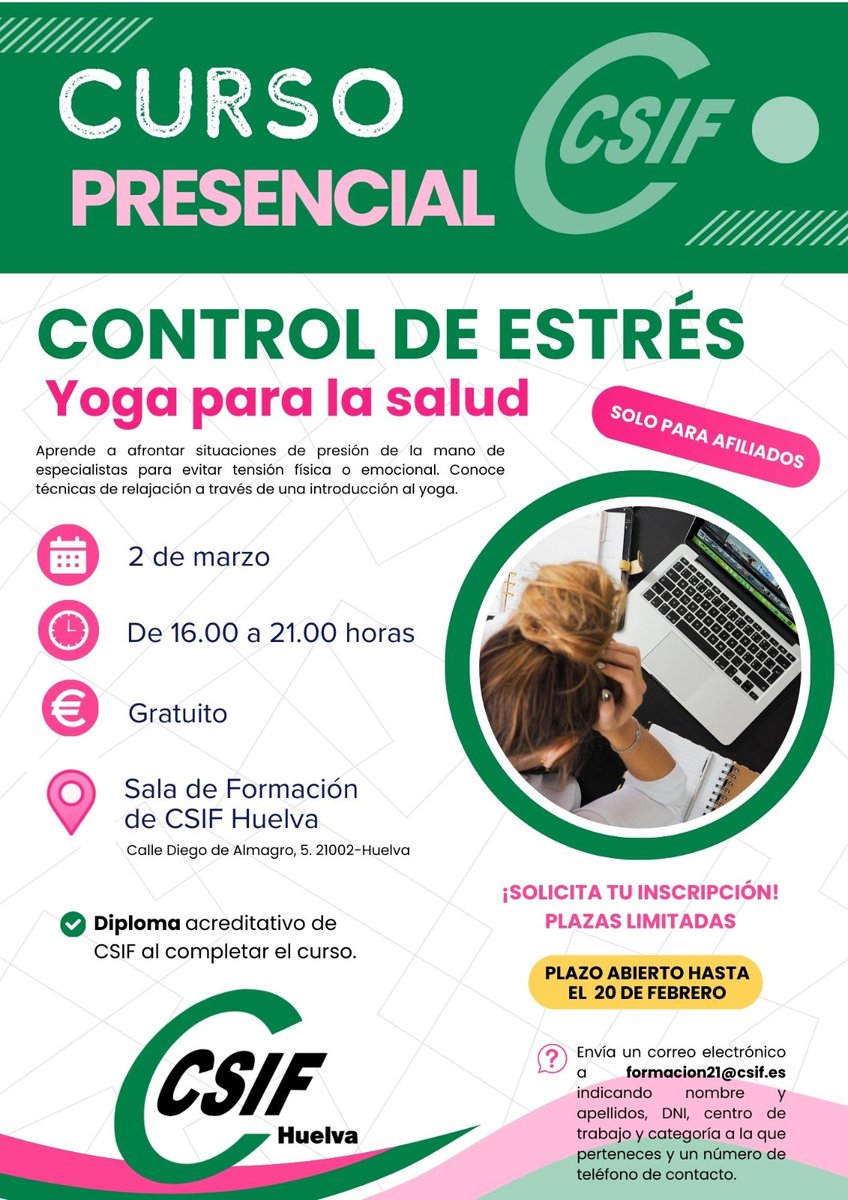 👨‍🏫CSIF impulsa la formación de sus afiliados con el curso presencial 'Control de estrés. Yoga para la salud' programado para el 2 de marzo.

📅Inscripciones abiertas hasta el 20 de febrero.

🟢 ¡No pierdas esta oportunidad!

#sanidad
#cursos
#TodoXTodosEsMás