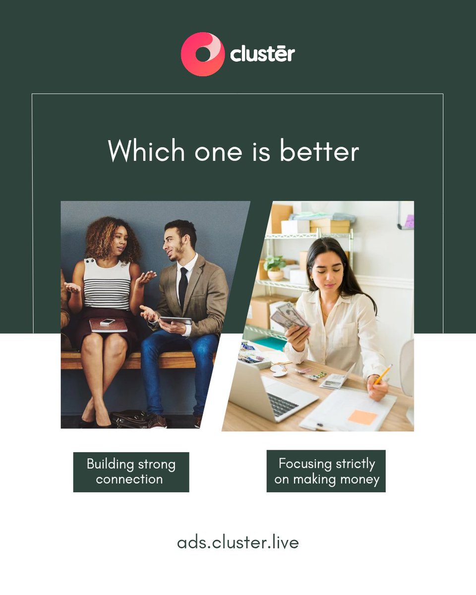 clusterliveapp's tweet photo. Chase money and you might win today. Build strong connections and you win for life.
The real question isn’t which is better…It’s which one builds something that lasts.
What’s your pick?
#ClusterLive #ThinkLongTerm #SmartEarning #BusinessMindset #WealthBuilding  #DigitalIncome https://t.co/V09MX2iwma