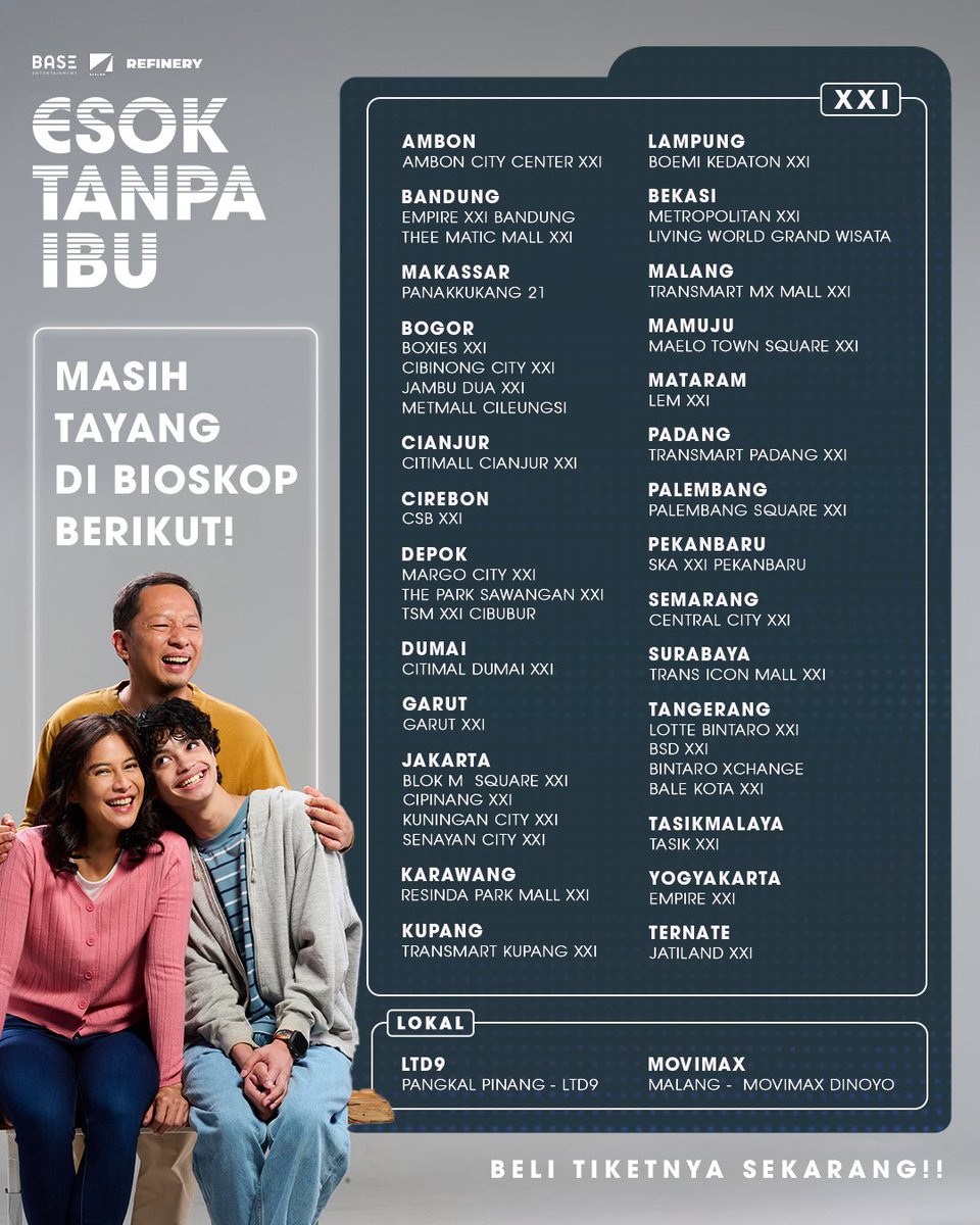 BaseEntID's tweet image. Terima kasih 220.367 penonton yang sudah menemani Cimot &amp;amp; Bapak menjalani hari tanpa Ibu 🤍🤍

Buat teman-teman yang belum nonton atau ingin nonton lagi Film Esok Tanpa Ibu, Bapak &amp;amp; Cimot tunggu kamu di Bioskop hari ini ya! 

Beli tiketnya sekarang 🎟️🍿
 
#EsokTanpaIbu