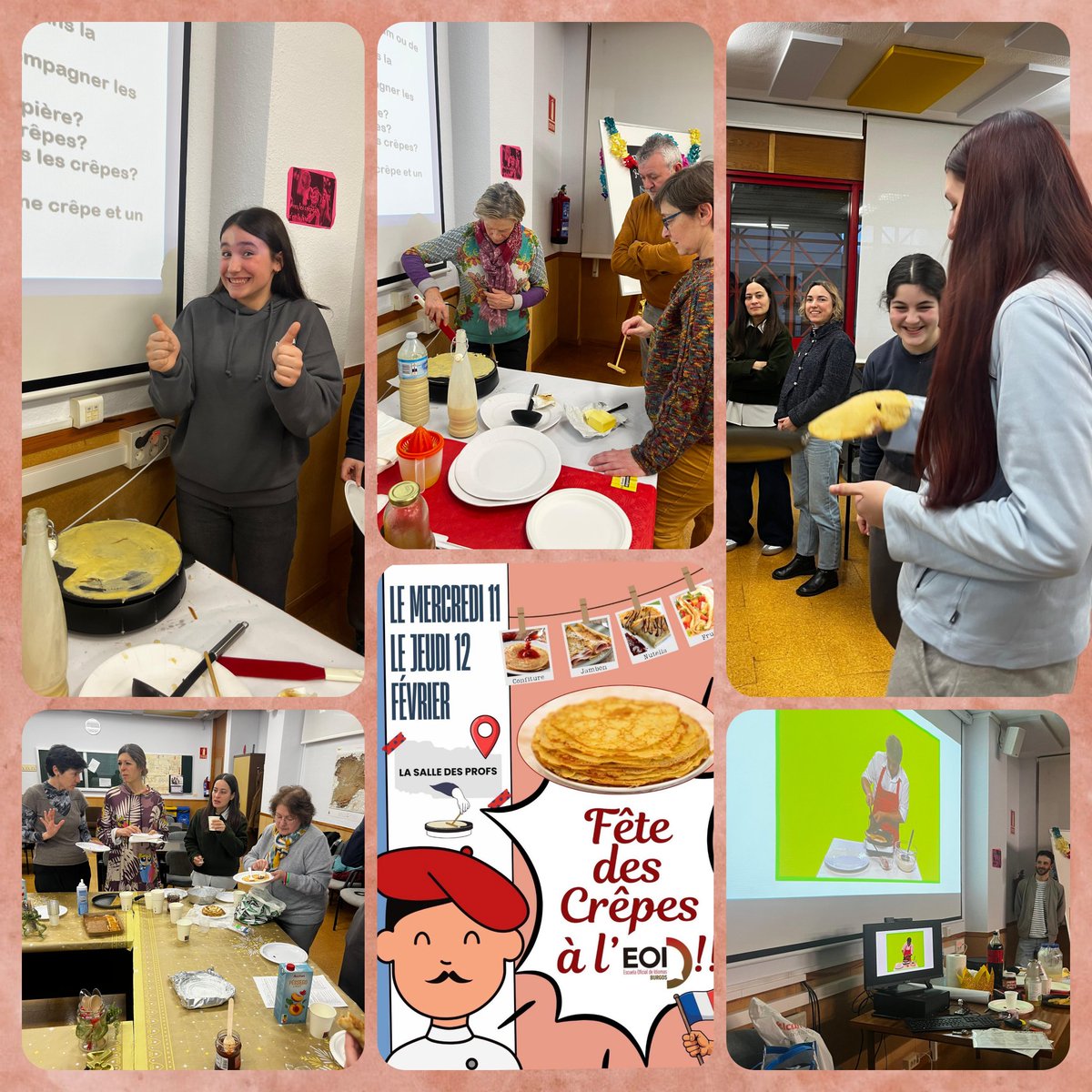 🇫🇷 🇧🇪 🇨🇭 Aprende francés con la EOI de Burgos. 😁 El Departamento de Francés organiza una fiesta con "crêpes" deliciosas elaboradas por los estudiantes y los profesores. 😍
Faire sauter des crêpes, c'est tellement rigolo! 😆 Et la teuf continue cet après-midi! 🥳