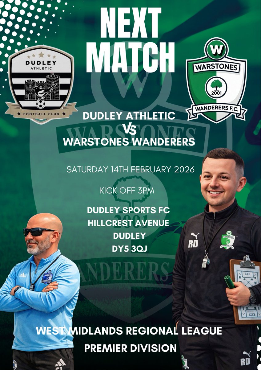 NEXT UP... 
Up next for the Green Army is a short trip to <a href="/DudleyAthletic1/">Dudley Athletic</a>... Dudley narrowly edged Warstones out back in October with a 3-2 win. Lets hope fortunes are on our side this time around ⚽️
#WeAreWarstones #GreenArmy