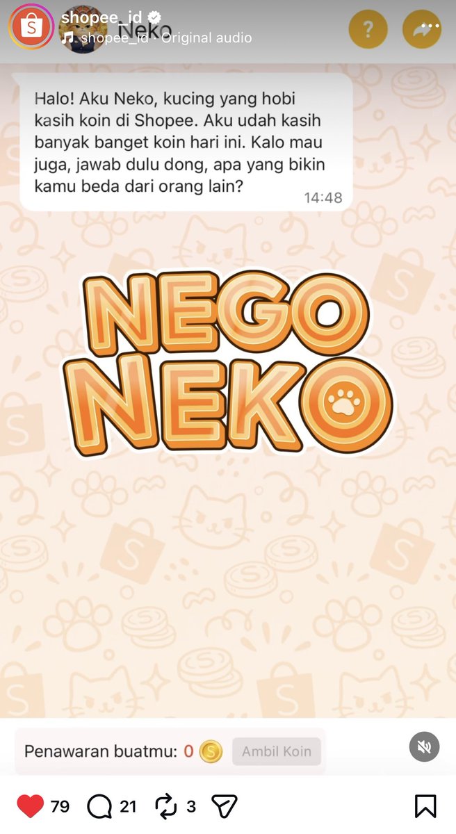 textcicicuit's tweet photo. sumpah ini konsepnya kreatif sih. nego harga sambil becanda sama neko, terus tau-tau saldo koin nambah. siapa yang nolak? #NegoNekoDiShopee https://t.co/d4E7Itmu1W