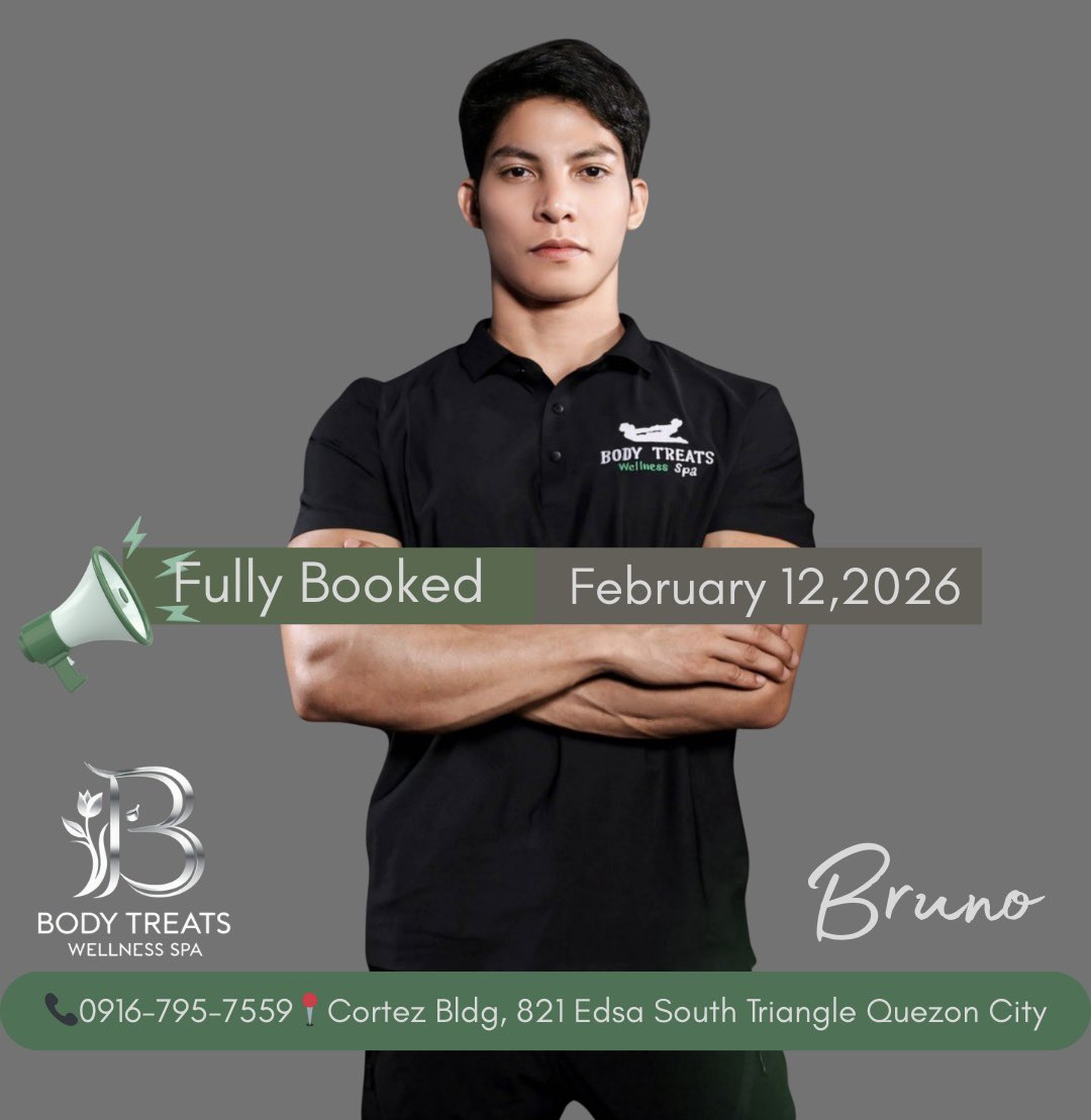 bodytreatsQC's tweet photo. Bruno’s slots are officially full for tonight. 🔒
But relaxation doesn’t stop there-other therapists are ready to serve you. Message us for available schedules.
#FullyBookedTonight #RelaxWithUs #SpaNight https://t.co/i89CK8Ljr1