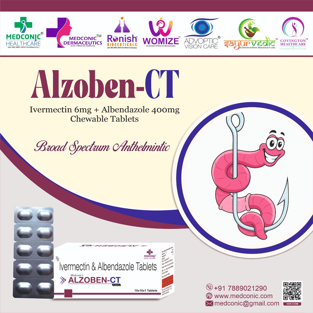 medconic's tweet photo. Introducing ALZOBEN CT – IVERMECTIN 6MG + ALBENDAZOLE 400MG CHEWABLE TABLETS 💊
For Doctors and MRS:
📞+91 78890 21290
🌐 https://t.co/mlIThdgAH6
#Healthcare #HealthAwareness #HealthIsWealth #medicine #Medical #treatment #spectrum #HealthyLiving #healthy https://t.co/KXKIccV6VH