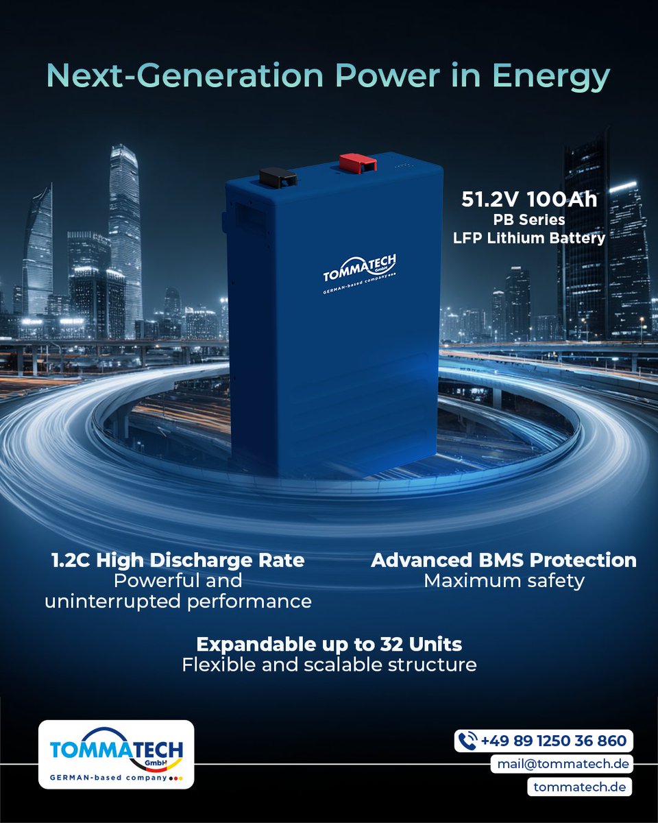 tommatech's tweet image. Powering the future with next-generation energy ⚡
The TOMMATECH 51.2V 100Ah PB Series LFP Lithium Battery delivers high performance with a 1.2C high discharge rate, advanced BMS protection, and a scalable design expandable up to 32 units.

#TommaTech #solarenergy