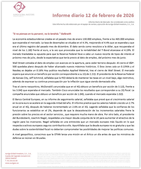 #Felizjueves Informe diario Auriga 12/02/2026