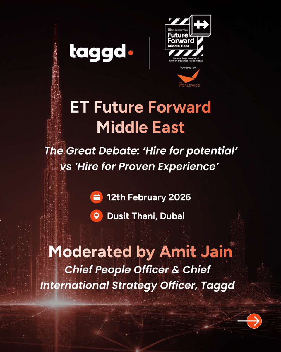 _taggd's tweet photo. Potential or proof? Promise or performance?
Amit Jain moderates a powerful panel at ET Future Forward Middle East on
“Hire for Potential vs Hire for Proven Experience – Who Drives Growth?”
📍 Dubai | 📅 12 Feb 2026
#ETFutureForwardME #TalentStrategy #FutureOfWork #Taggd https://t.co/Zqsxo41Sh4