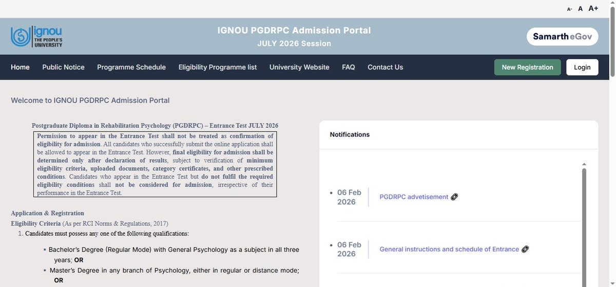 PGDRPC Entrance Test Link for July, 2026 Session
ignoupgdrpc.samarth.edu.in