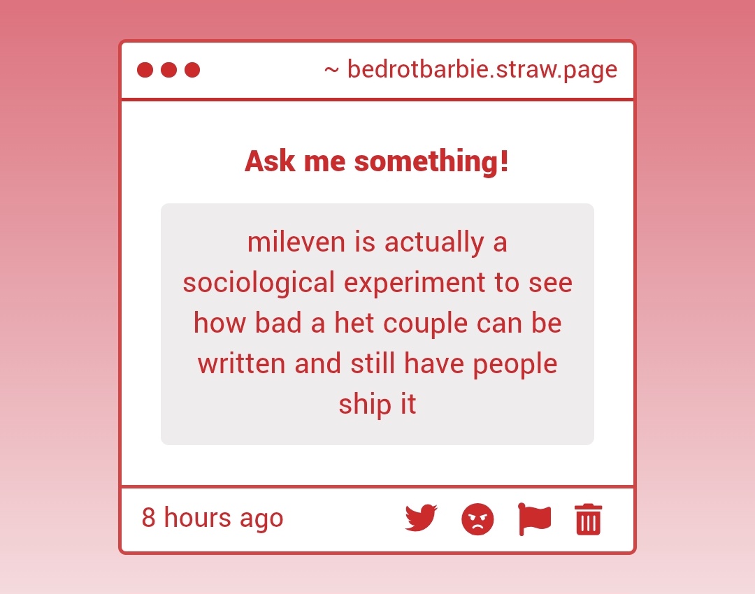 ceeyoulaterrr's tweet photo. Idk if you're kidding but I'm fully serious when I say I believe that. Mileven has every toxic couple trope:
- no shared interests
- emotional unavailability
- miscommunication
- trauma bonding
- social imbalance
- conflict avoidance
- crisis dependant intimacy

I can keep going. https://t.co/VN0CDy41Lh