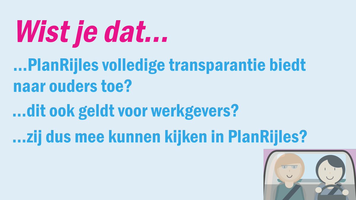 Wist je dat…
…PlanRijles volledige transparantie biedt naar ouders toe?
…dit ook geldt voor werkgevers?
…zij dus mee kunnen kijken in PlanRijles?

Ontdek dit nu zelf door een gratis demonstratieaccount aan te vragen voor PlanRijles:
planrijles.nl/registratie