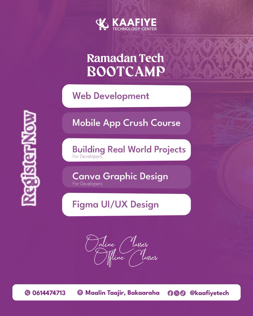KaafiyeTech's tweet photo. Ramadan Tech Bootcamp 2026 – Courses Offered:

• Web Development
• Mobile App Crash Course
• Building Real World Projects
• Canva Graphic Design
• Figma UI/UX Design

Choose the course that fits you and grow your skills during the blessed month of Ramadan.
Registration now https://t.co/MgQj0gTg08