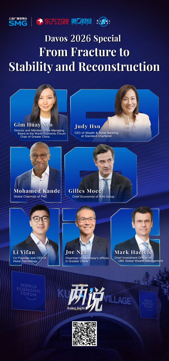 yicaichina's tweet image. In the latest episode of #BusinessInsights, experts, scholars and entrepreneurs at the 2026 Davos Forum, including representatives from the World Economic Forum, Standard Chartered, AXA Group and PwC, share insights on the key variables shaping the reconstruction of the global