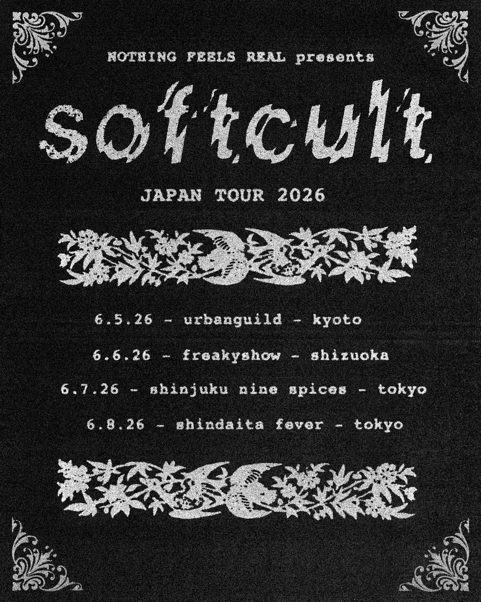 nothingsrealtbh's tweet photo. 現行オルタナ・シューゲイズの絶対的アイコン “Softcult” 3年ぶりの再来日ツアー決定！

2023年の初来日から3年。北米・欧州・アジアを巡るワールドツアーを重ね、ParamoreやBring Me The Horizonらシーンを代表するアーティストからも支持を集めてきたSoftcultが、最新作『When a Flower Doesn’t Grow』を携え、2026年6月に待望の再来日ツアーへと乗り出す。

Nothing Feels Real presents
Softcult Japan Tour 2026
6/5（金）京都Urbanguild
6/6（土）静岡 Freakyshow
6/7（日）新宿Nine Spices
6/8（月）新代田 Fever

ツアー詳細：
https://t.co/4YJb9wI6Vm

オリジナルデザイン付きオフィシャルチケット（2/14（土）10:00販売開始）：
https://t.co/ifZ9lmZJe9

カナダ・オンタリオ州出身の双子・MercedesとPhoenixからなるSoftcult。90年代シューゲイズ・グランジ・パンクのDNAを彼ら独自の感性で再構築し、ノイズを前景化しながらもポップなソングライティングを軸に据えたサウンドが特徴だ。

Softcult - Not Sorry [official video]
https://t.co/qSr6ZK0uYa

近年はMuseやIncubusといったアリーナ級アーティストのツアーサポートを務め、大規模ステージを経験。ParamoreのHayley WilliamsがSNSやプレイリストで楽曲を紹介し、Bring Me The HorizonのOli Sykesもインタビューで言及するなど、シーンを代表するビッグネームからの支持も広がっている。

Softcult - Naive [official video]
https://t.co/zyzkEJVsMY

このほど2026年1月にリリースされた待望の最新作『When a Flower Doesn’t Grow』は、彼女たちのキャリアにおいて最も野心的で、最も「自由」な作品だ。イギリスのNMEは、そのサウンドを「シューゲイズ・パンク・グランジが融合した猛烈に美しい衝撃」と評し5つ星の満点レビューを贈��、アメリカのBillboardは「今、最も注目すべき存在」として賞賛した。

Softcult - Queen Of Nothing [official video]
https://t.co/uqPzyXBQ13

チケットは2/14（土）10:00より発売。3年ぶりとなる今回の来日公演は、世界規模のステージ経験を経た彼女たちの現在地を、日本で体感できる貴重な機会となる。ぜひお見逃しなく。