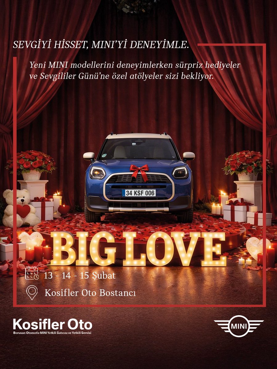 kosifleroto's tweet image. Love Weekend: Sevgiyi Hisset, MINI’yi Deneyimle

Kosifler Oto Bostancı’da 13–14–15 Şubat tarihlerinde Love Weekend başlıyor.

Yeni MINI modellerini deneyimlerken sürpriz hediyeler ve Sevgililer Günü’ne özel atölyeler sizi bekliyor.

#KosiflerOto #MINI #LoveWeekend #SevgililerGünü