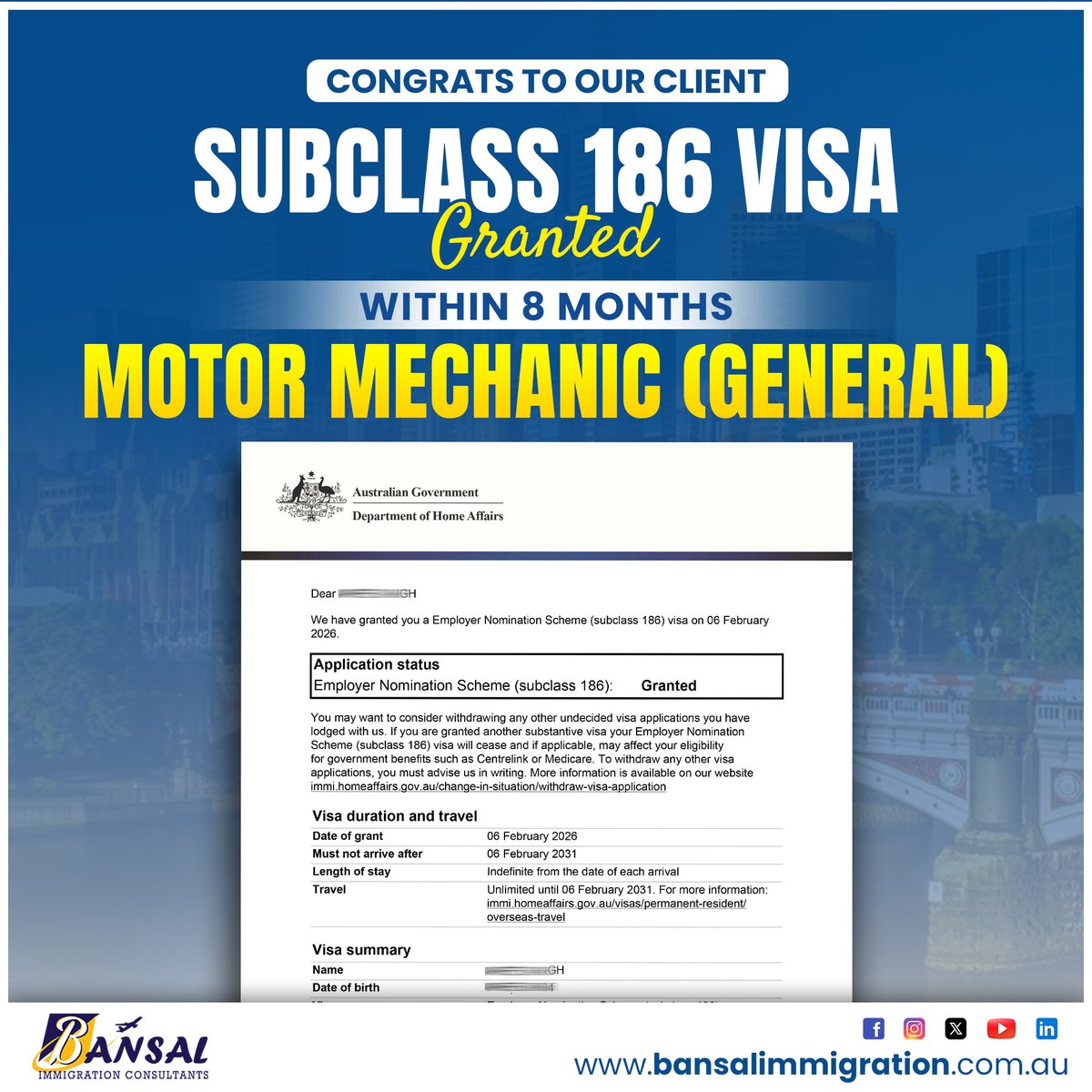 Bansalimmi's tweet image. 🎉 Congratulations to Our Client! 🎉
We are pleased to announce the successful grant of a Subclass 186 (Employer Nomination Scheme) Visa within 8 months under the occupation Motor Mechanic (General). 🚗🔧

#Subclass186 #ENS186 #VisaGranted #BansalImmigration #SuccessStory
