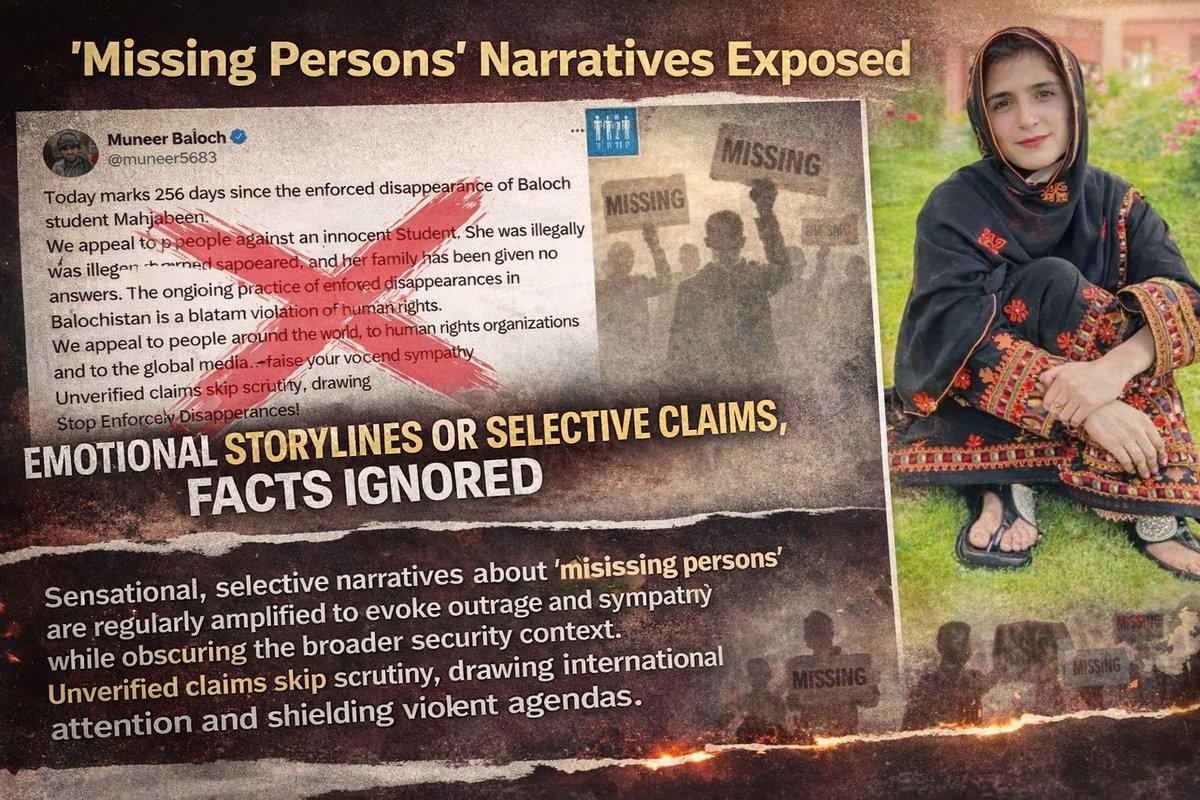 junnatbloch's tweet photo. Missing Persons” narratives often exaggerate emotions and ignore facts.
Unverified claims gain international attention, masking the real security challenges and violent agendas.
#FactOverEmotion
#VerifyBeforeAmplify
#TruthMatters
#SecurityChallenges
#CounterDisinformation https://t.co/5Ash9wUc4k
