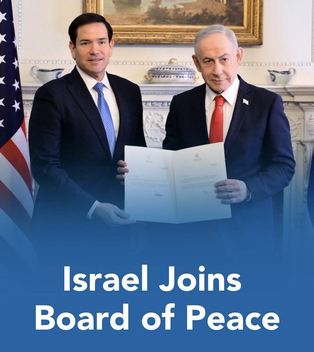 IsraelinSA's tweet photo. ISRAEL NOW A MEMBER OF THE BOARD OF PEACE: Ahead of his White House meeting with President Trump, Israeli Prime Minister Benjamin Netanyahu met with US Sec. of State Marco Rubio to sign Israel’s accession as a member of the Board of Peace.

The Board of Peace is a U.S. led international organization chaired by President Donald Trump, established to oversee post-war reconstruction and demilitarization efforts in Gaza.

"We will continue strengthening the unbreakable alliance between Israel and the United States."- PM Benjamin Netanyahu