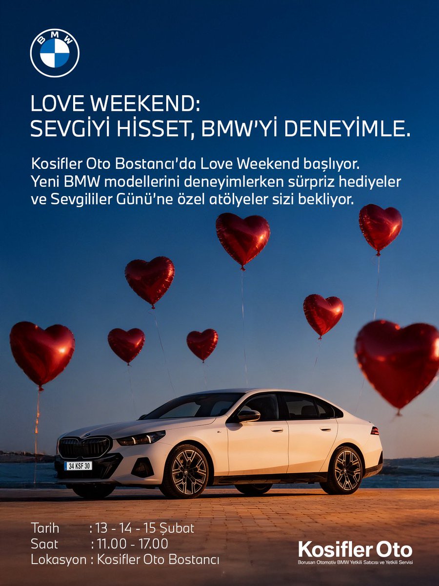 kosifleroto's tweet image. Kosifler Oto Bostancı'da Love Weekend başlıyor.

Yeni BMW modellerini deneyimlerken sürpriz hediyeler ve Sevgililer Günü'ne özel atölyeler sizi bekliyor.

Tarih: 13 - 14 - 15 Şubat
Saat: 11.00 - 17.00
Lokasyon: Kosifler Oto Bostancı

#KosiflerOto #BMW #LoveWeekend #SevgililerGünü