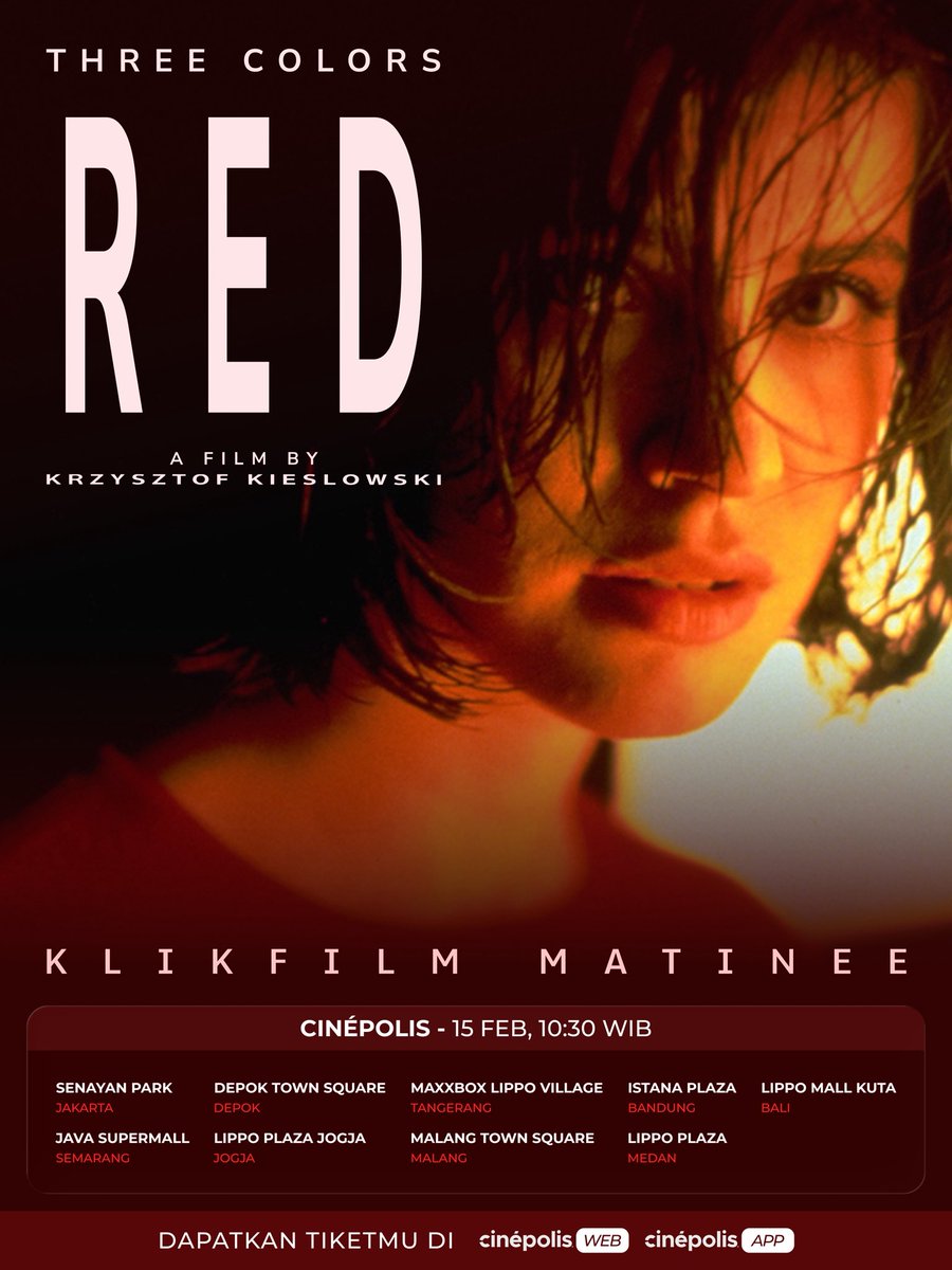 cinepolisID's tweet photo. Udah siap nemenin #Valentine menyelidiki hakim yang suka stalking orang?
Jangan sampai kelewatan kesempatan langka mengalami film nominee 3 Oscar tahun 1995 ini di Cinépolis Cinemas!
Beli tiket #ThreeColorsRed sekarang di website & aplikasi Cinépolis Indonesia.
#CinepolisID https://t.co/FSDpo4V8eq