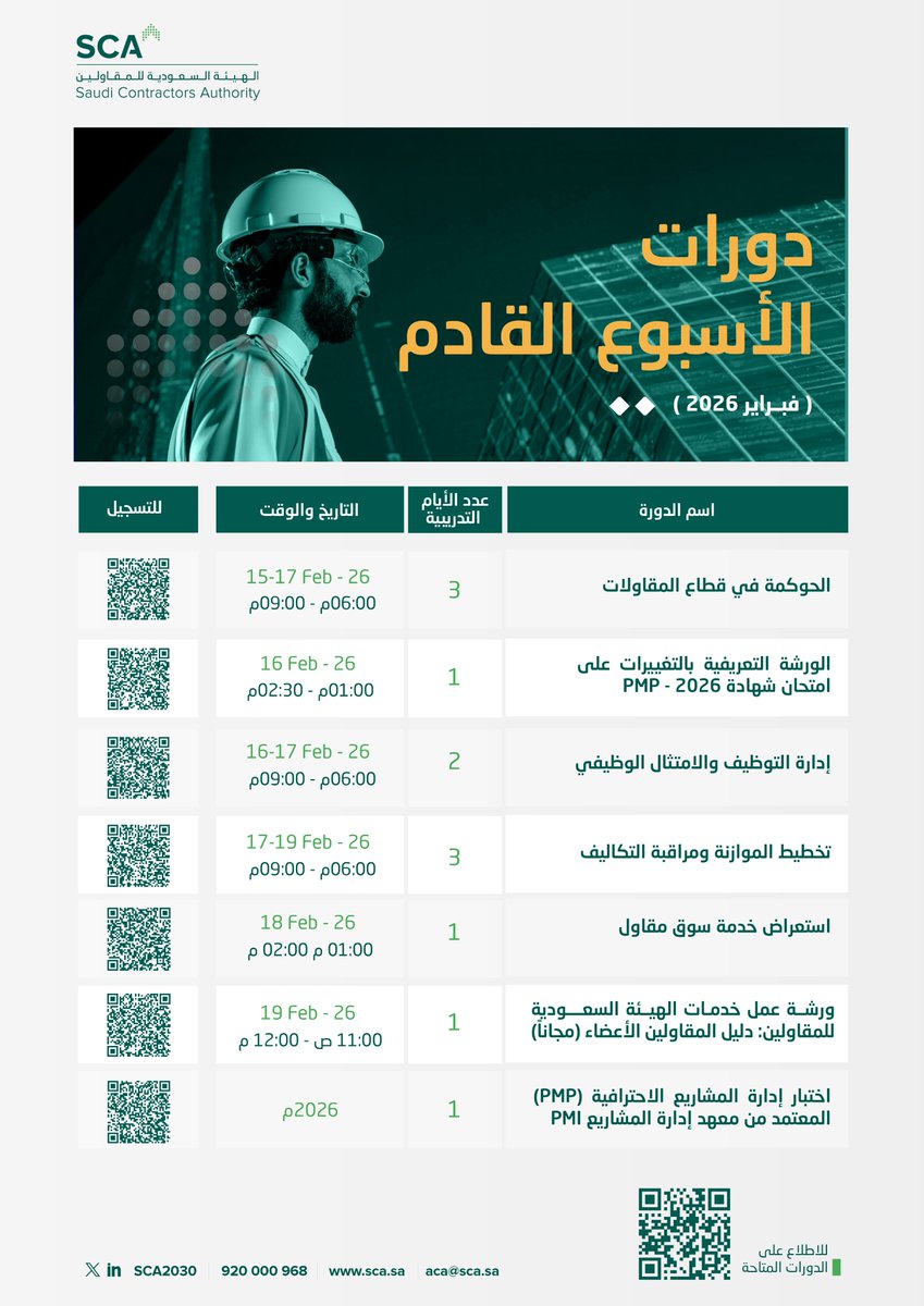 SCA2030's tweet photo. الدورات التدريبية لأكاديمية #الهيئة_السعودية_للمقاولين خلال الأسبوع القادم ..    

للاطلاع والتسجيل في الدورات التدريبية: https://t.co/lfLrmZsSDX https://t.co/zvrokPPylx