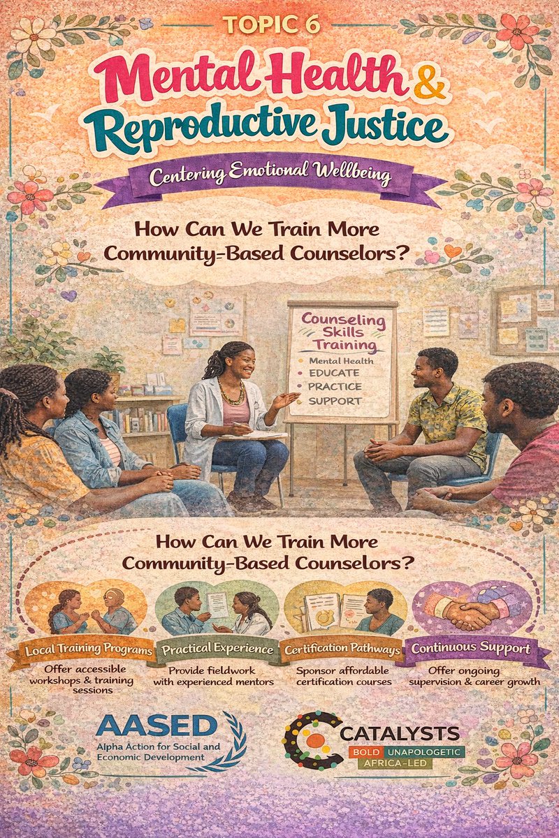 Aased_U's tweet image. Topic 6: Mental Health and Reproductive Justice
Theme: Centering emotional well-being.

9️⃣ How can we train more community-based counselors?

#Letstalk #OurHealthOurRights #ReproductiveJusticeUG #GenderEquality #MasindiVoices #EndStigma #CompassionFirst #AASED #Catelyst
