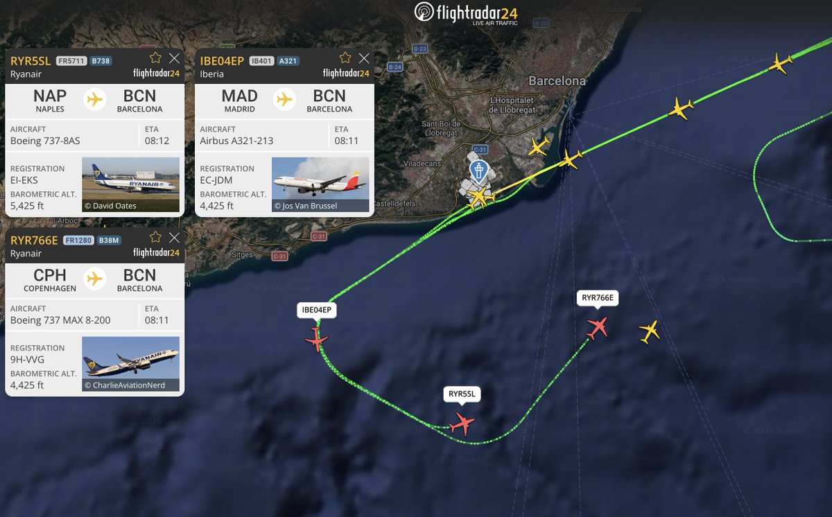 Go-around party in Barcelona this morning 🌬️ Westerly winds gusting up to 42 knots had Ryanair flights #FR5711 and #FR1280, plus Iberia #IB401, all playing it safe with go-arounds.

View: flightradar24.com/multiview/3e4c…