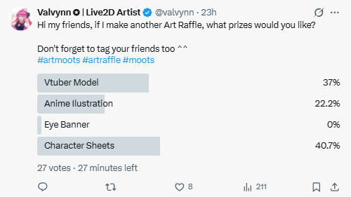 Only a few minutes left ^^

Heyyy,,,, I'm inviting all of you voters. Tell me what you voted for and why. A few lucky people will win special prizes. If you're too shy to comment, you can also DM me 🥰
#moots #artmoots #artraffle