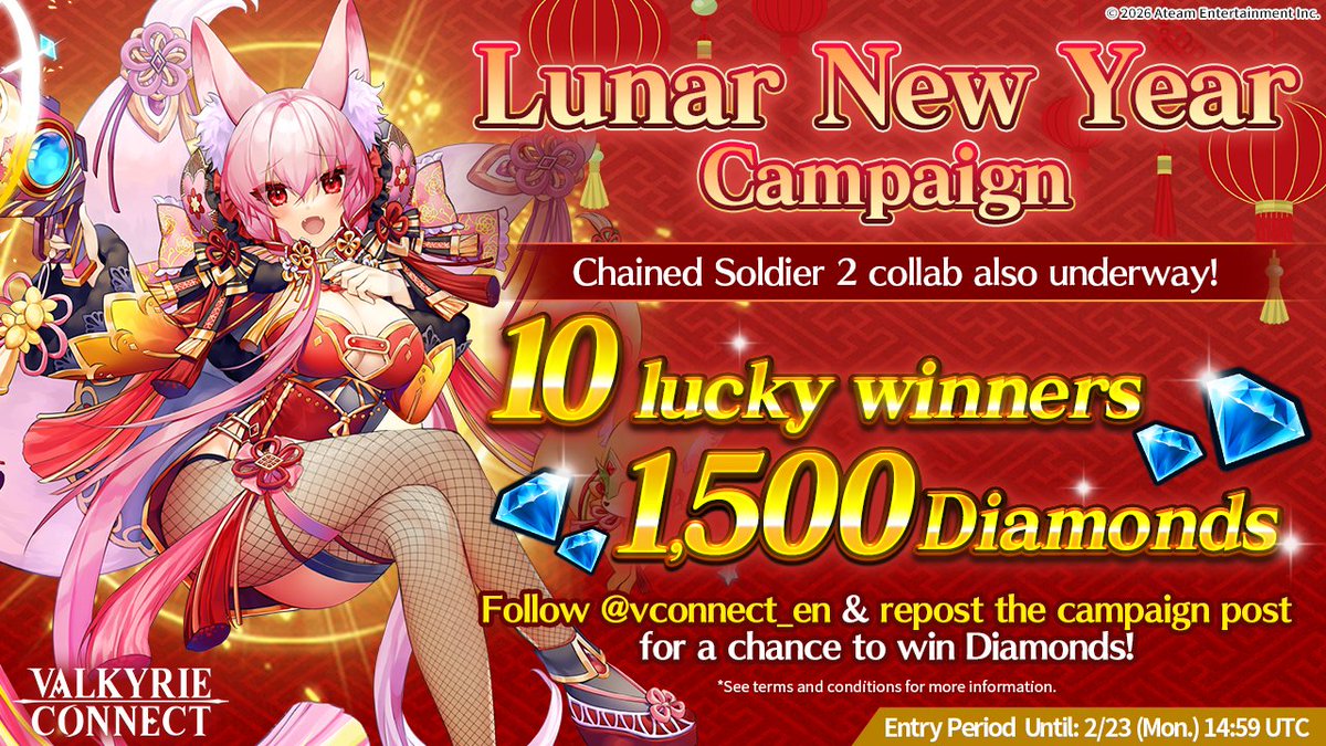 vconnect_en's tweet image. ／
Valkyrie Connect Lunar New Year Campaign🧧
＼

10 lucky winners get 1,500 Diamonds🎁🎆

★Entry★
1⃣  Follow @vconnect_en
2⃣  Repost this post🔃

⚠Until 2/23 (Mon.) 14:59 UTC
More info👉bit.ly/4byhlLY

#ValkyrieConnect