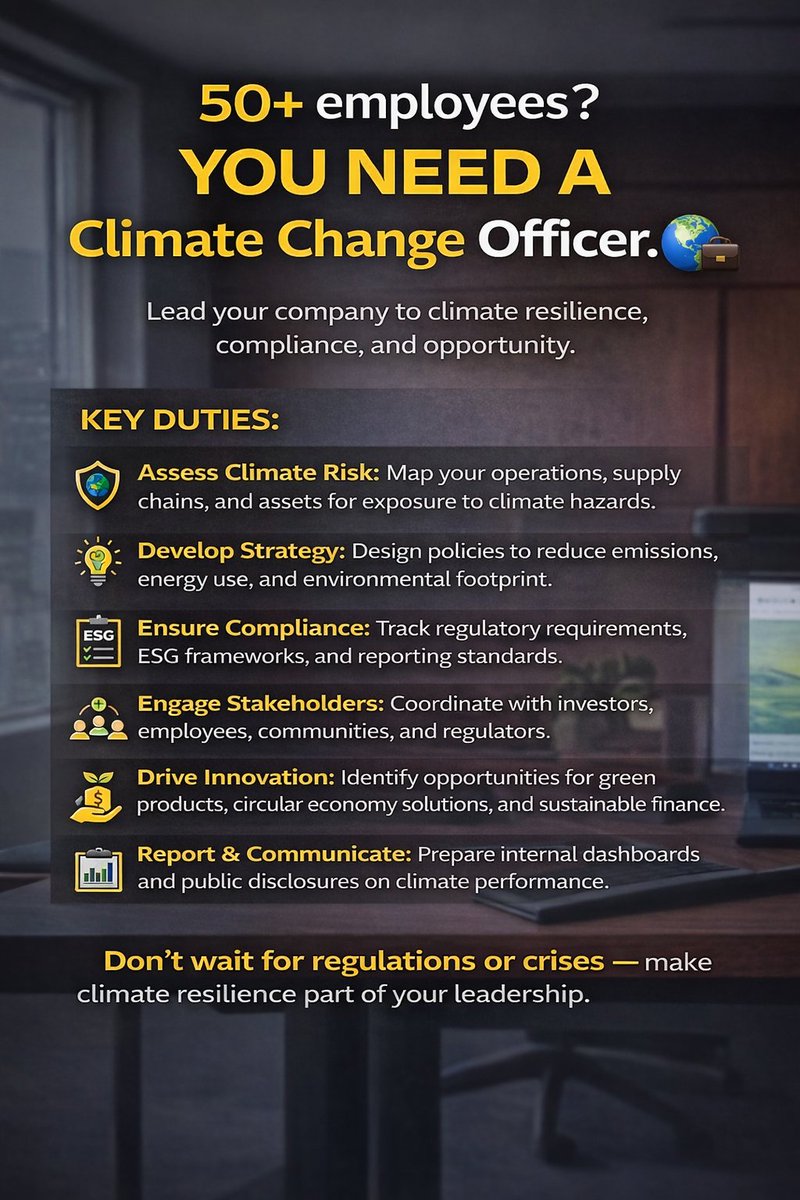 theenviromanp's tweet photo. Dear employer,

Private entities in Nigeria with 50+ employees must appoint a Climate Change or Environmental Sustainability Officer under the Climate Change Act, 2021.

Our attorneys and consultants can help you comply. Send a DM. https://t.co/mBQej06oAV