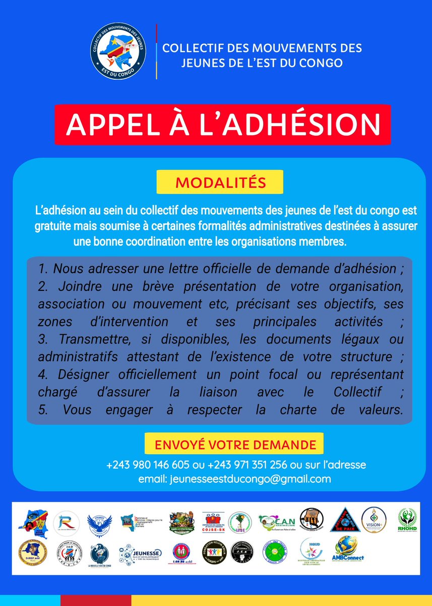 Aux organisations de Jeunes de l'Est de la RDC, rejoignez ce collectif pour un Congo  uni et fort. <a href="/leParrainRDC/">𝐥𝐞 𝐏𝐚𝐫𝐫𝐚𝐢𝐧</a> <a href="/benjimk/">Benjamin Umba</a> <a href="/gloiremurhigisi/">Gloire Murhigisi 🇨🇩</a> <a href="/Sawasawa_Off/">Byamungu Sawasawa Officiel🇨🇩</a> <a href="/SwedeninDRCongo/">Sweden in DR Congo</a>