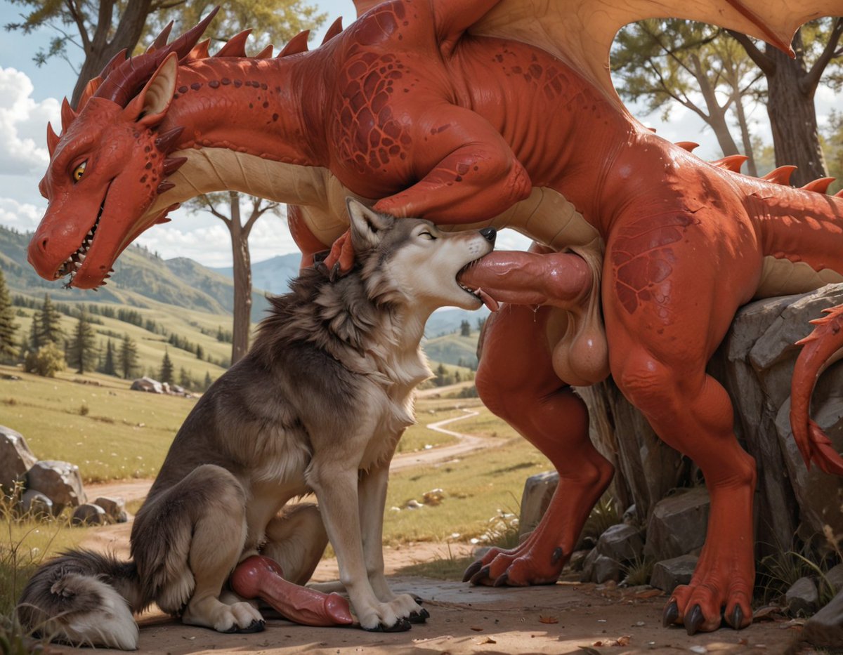 ZertuAli's tweet photo. When the dragon is too big and the wolf is too greedy.
#gay #feral #yiff  #wolf #dragon #NSFW #AI https://t.co/c208p61kij