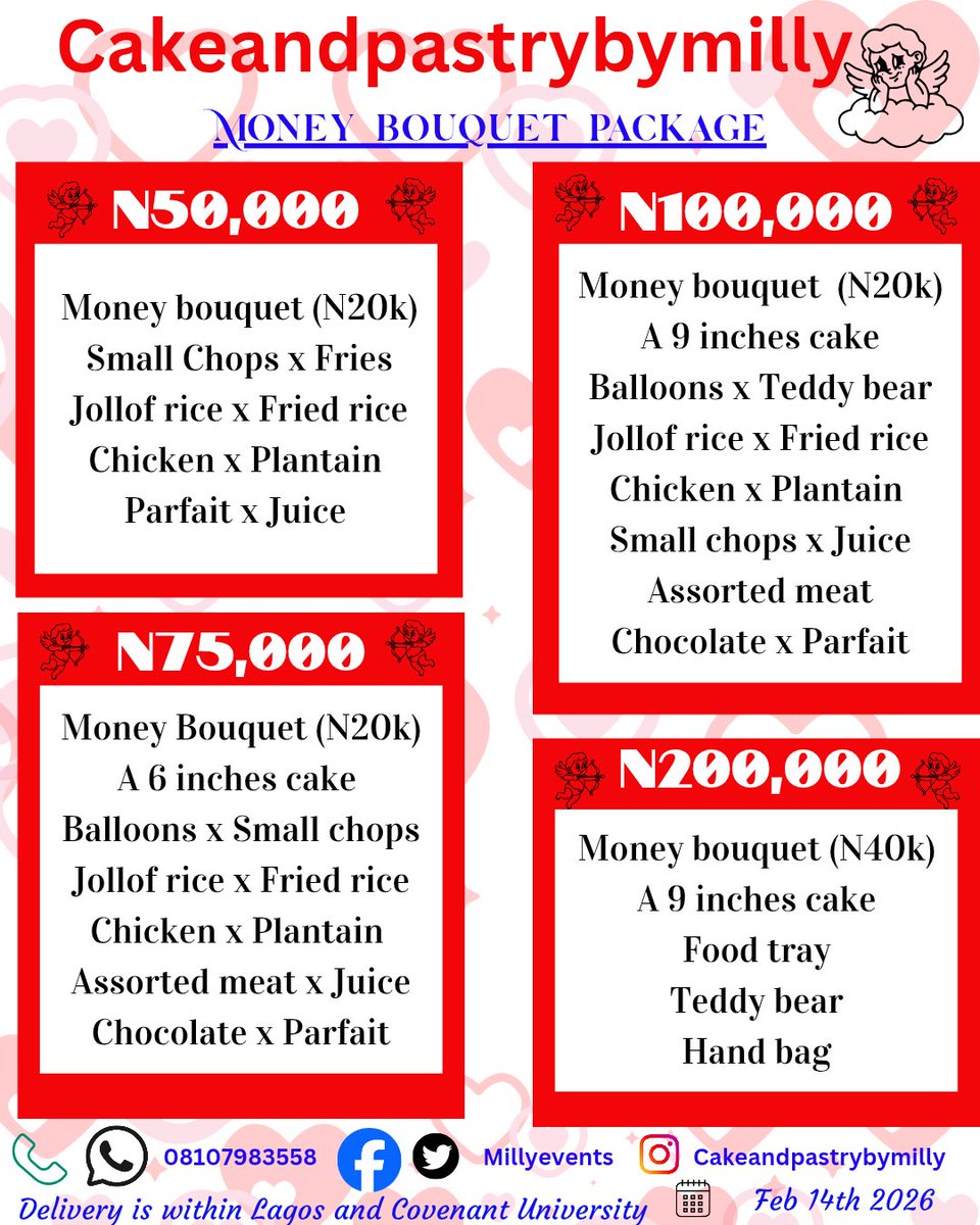 mildred_ojm's tweet photo. Valentine! Valentine!! Valentine!!!

We have different packages available this valentine.

Prices range from 15k to 200k

We are delivering within Lagos and Covenant University.
Send a DM to place your order! https://t.co/3GMS8SOfPV