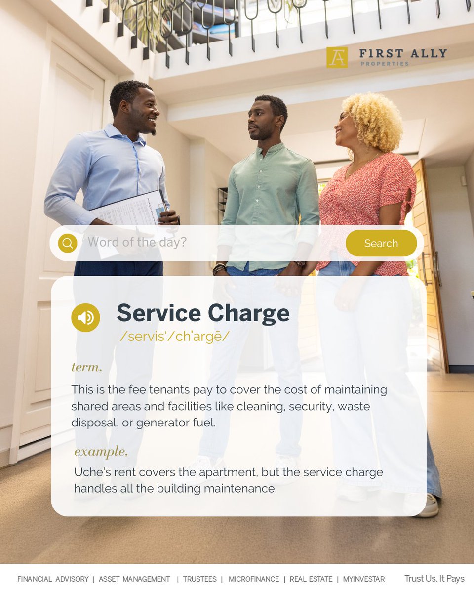 FA_Properties's tweet photo. Real Estate Word of the Day😉

Service Charge. You pay rent to live there, ​but it’s the service charge that keeps the place liveable. ​
​
#FrirstAllyproperties #RealEstateWord #PropertyTalk #RealEstateNigeria #ServiceCharge https://t.co/wGZzGWPXVh