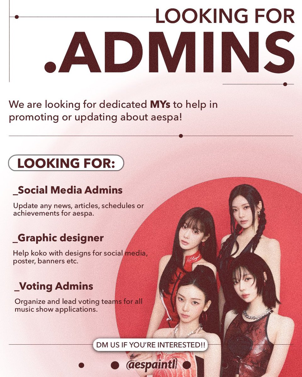 aespaintl's tweet photo. [ADMIN RECRUITMENT]

Hello MYs! 

As we prepare for aespa’s upcoming comeback, we’re looking for new admins to help us run the fanbase during the comeback period. 

If you are interested or want to know more, you can leave us a DM and will be in touch when we can. https://t.co/nSqTKB7dTE