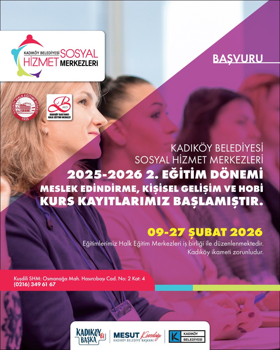 kadikoybelediye's tweet photo. Sosyal Hizmet Merkezlerinde 2025-2026 ikinci eğitim dönemi kurs kayıtlarımız devam ediyor📣

Meslek edindirme, kişisel gelişim ve hobi alanlarında birbirinden değerli eğitimler sizleri bekliyor 👩‍🏫

📅 27 Şubat'a kadar başvurularınızı yapabilirsiniz.

📌 Katılım için Kadıköy ikameti zorunludur.

☎️ 0216 349 61 67 

🔗 https://t.co/cHKcpDBpit