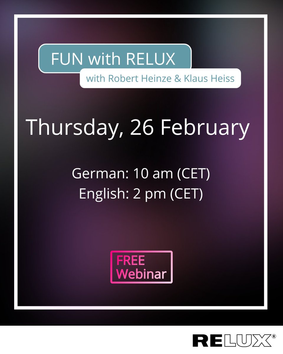 ReluxDesktop's tweet image. 📢 Free Webinar – FUN with RELUX
Feb 26 | 2 PM CET

Learn how to create custom guidelines in #ReluxDesktop: edit standard values, add new standards &amp;amp; define project parameters.
Live Q&amp;amp;A included!

👉 Register free: relux.com/fun

#FunWithRelux #LightingDesign #Webinar