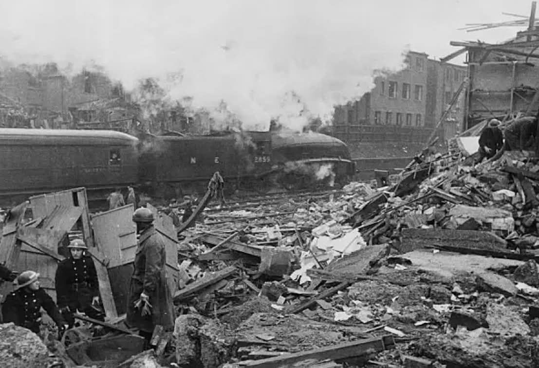 A rare photo of streamlined B17/5 2859 East Anglian passing through bomb damaged Ilford in April 1945 (photographer unknown)
