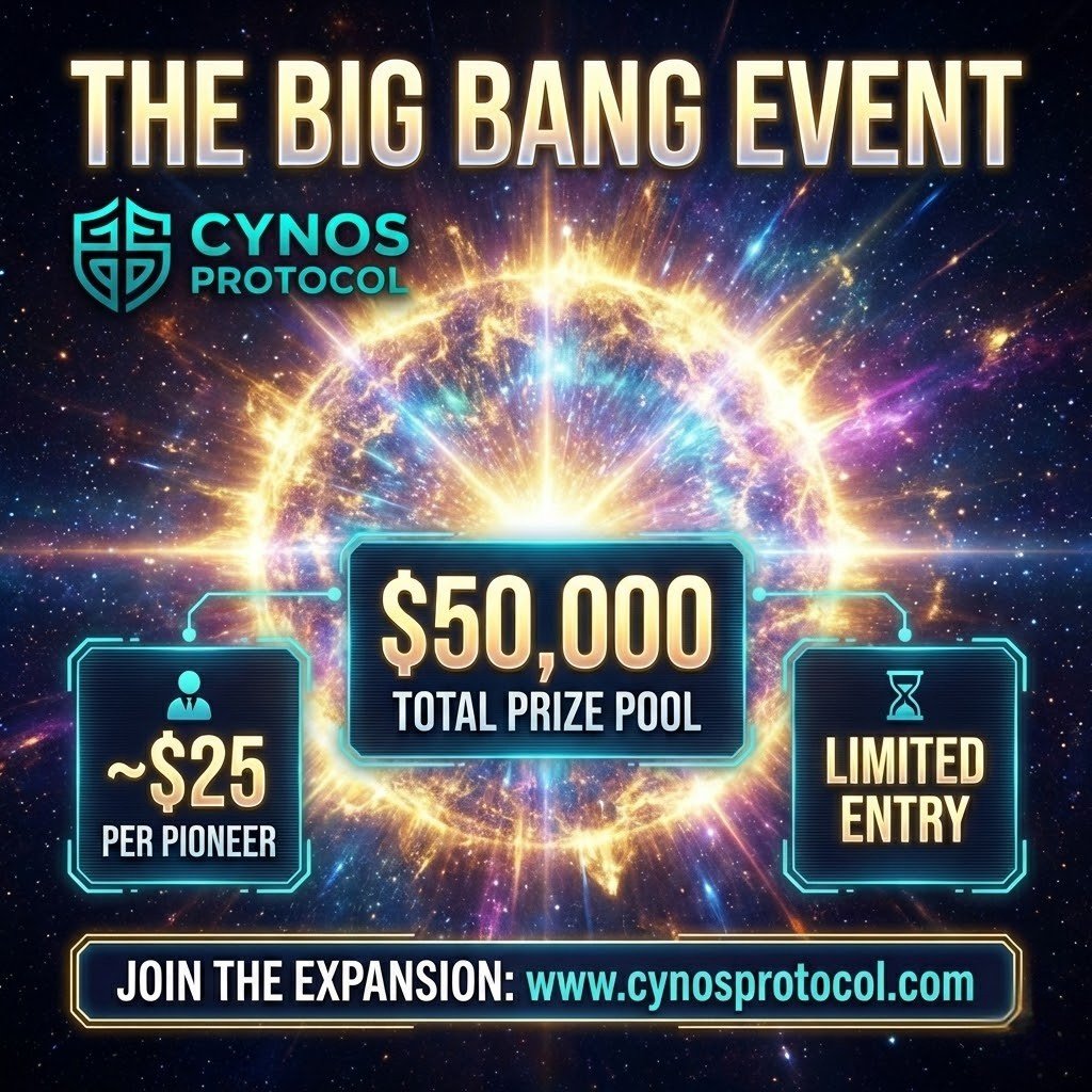 THE BIG BANG EVENT IS LIVE! 💥

Claim your share of the $50,000 pool (~$25 per person). Follow these simple steps to join the Cynos Protocol expansion:

1️⃣ Sign Up at cynosprotocol.com
2️⃣ Go to your Dashboard
3️⃣ Claim your "Pioneer Reward (Airdrop Section)"
✨ Limited spots