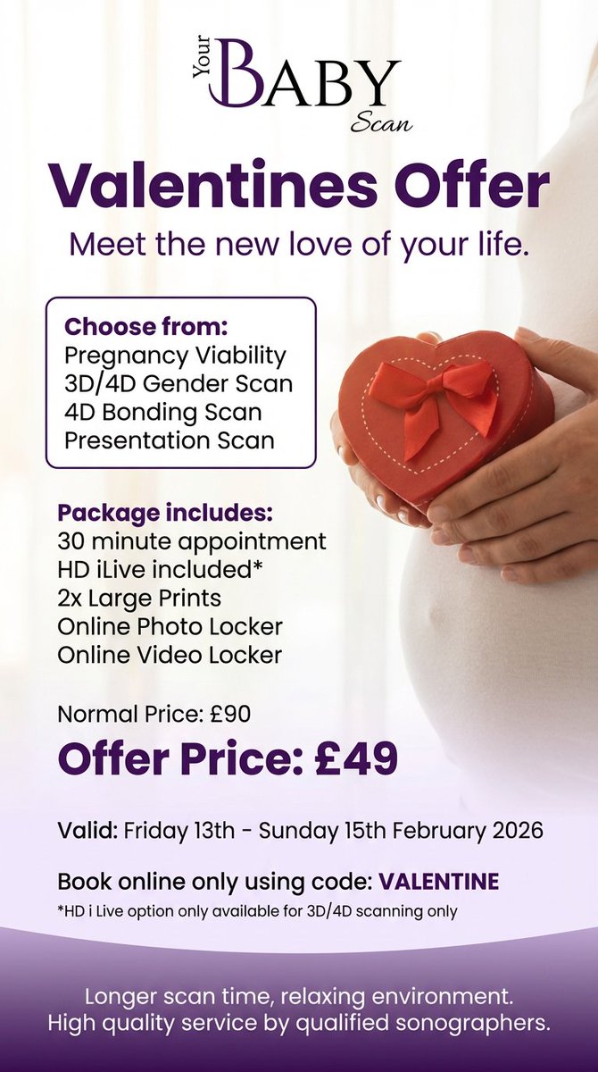 Get yourself an offer this valentines weekend!
Book one of:
- Pregnancy Viability Scan (can be used for reassurance)
- 3D/4D Gender Scan
- 4D Bonding Scan
- Presentation Scan
Plus get a Online Video of your entire scan
For only £49! rfr.bz/t95620e