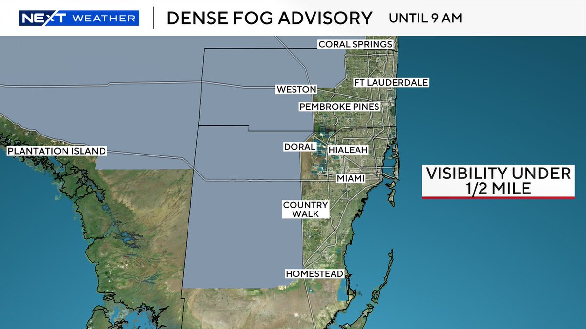LissetteCBS4's tweet image. DENSE FOG ADVISORY issued until 9am for inland #Broward and inland #MiamiDade due to low visibility. Stay with @CBSMiami for updates #CBSMiami