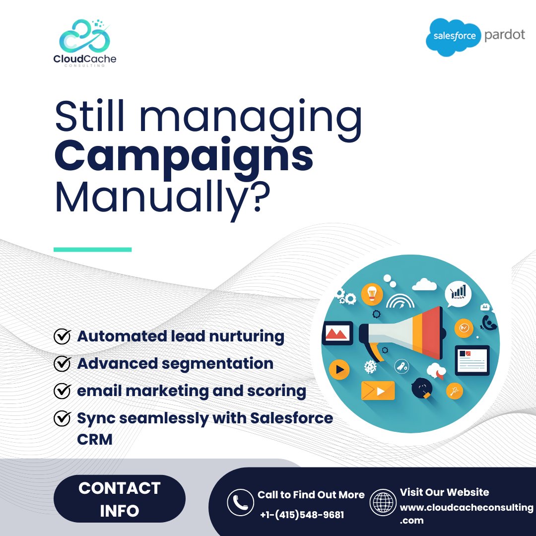 Cloudcachecon's tweet photo. Still managing #campaigns manually? 

Automate lead nurturing, target smarter, and boost conversions with #SalesforcePardot.

Partner with CloudCache, a Salesforce Summit Partner, and start closing faster today.

Read more:https://t.co/ChMUAUC8ZD

#pardot #CloudCacheConsulting https://t.co/jjuIdrjnOe