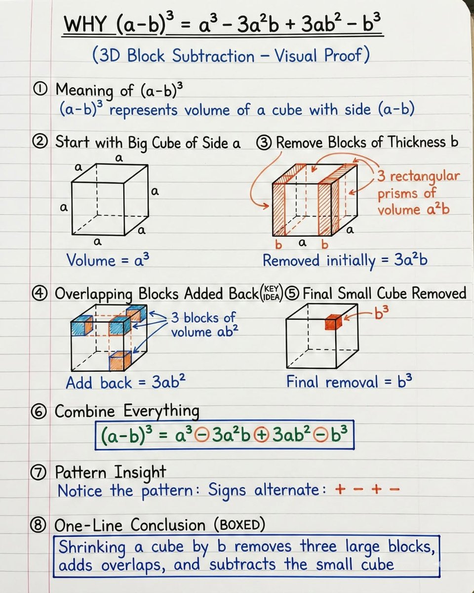 Why (a−b)³ = a³ − 3a²b + 3ab² − b³

Learn the cube formula using a 3D block subtraction model. This visual proof makes binomial expansion easy to remember.