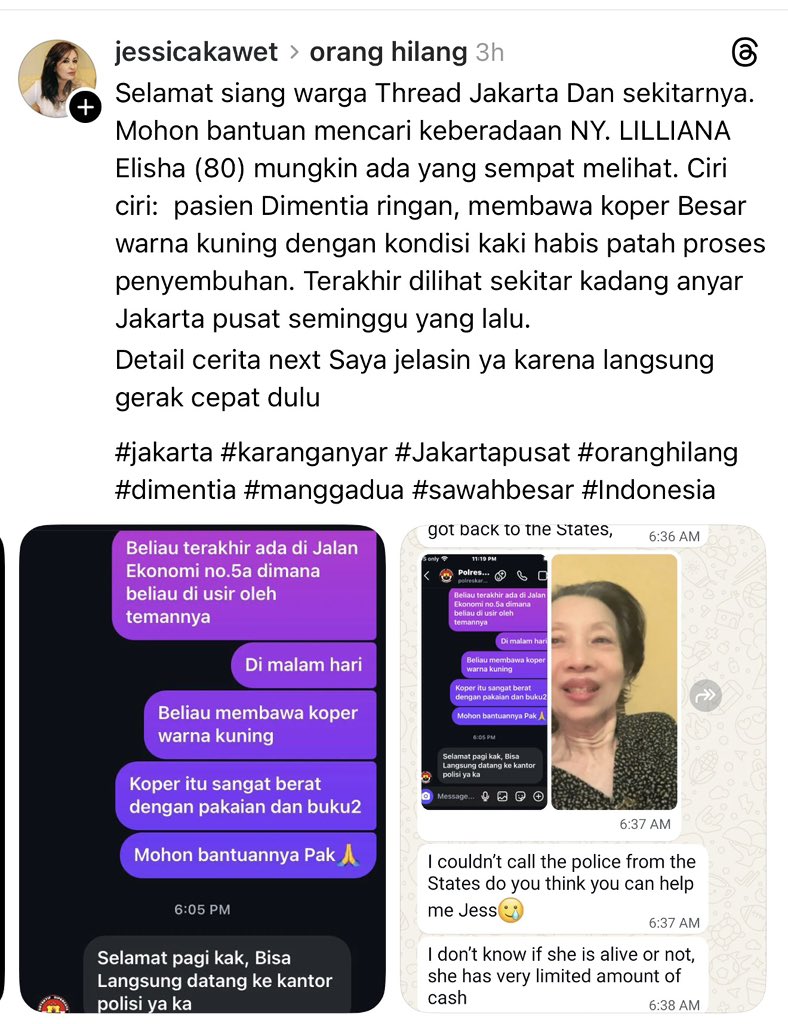 Bantu cari orang hilang. Tadi lihat di Threads. Ibu ini ditolak kawan lamanya untuk menginap di sana sementara anaknya kembali ke US untuk mengurus surat-surat. Padahal ibu ini dementia dan sedang rawat jalan karena kakinya patah. Bantu RT please.