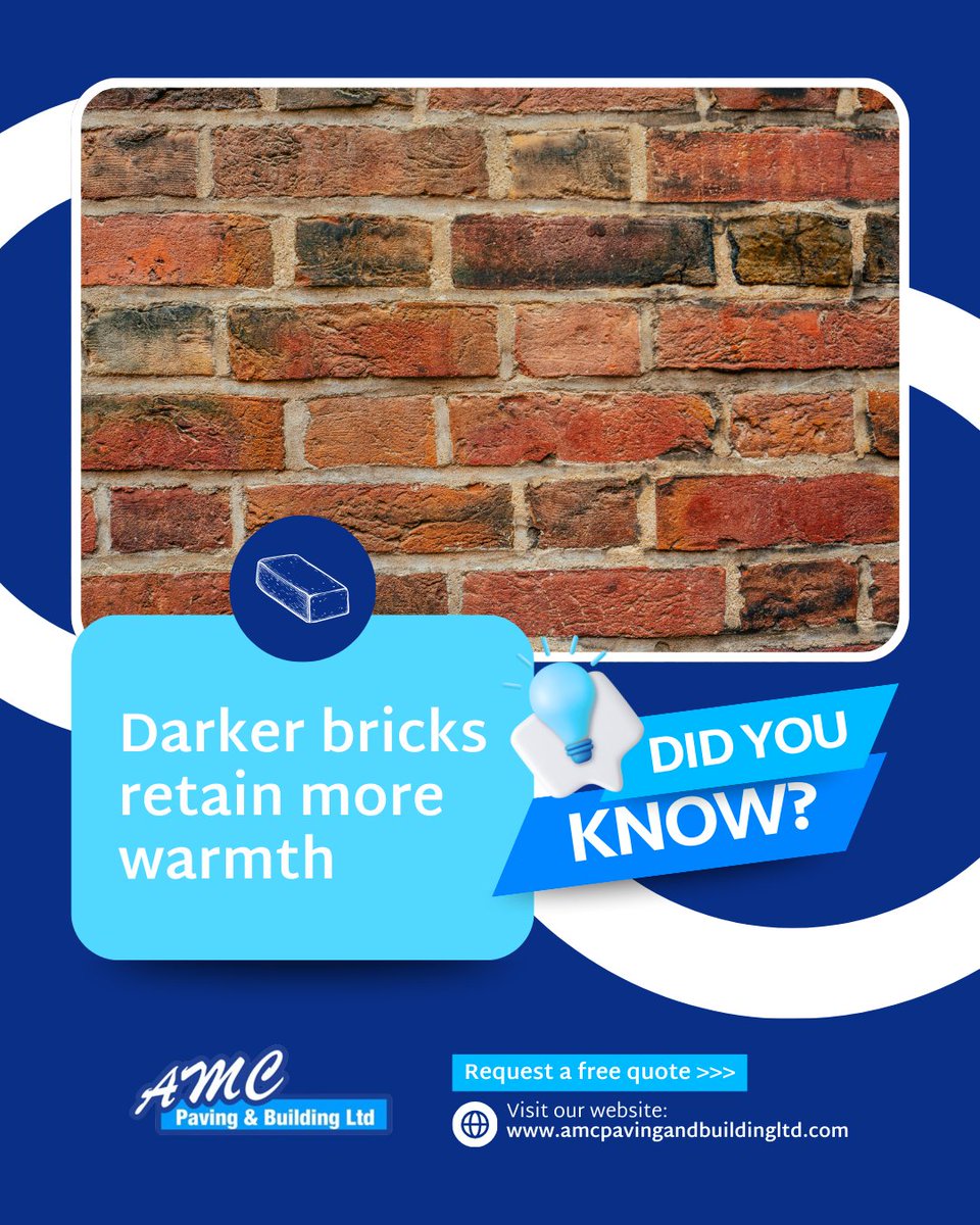 amcpavingltd's tweet photo. Did you know darker brickwork absorbs more heat throughout the day?

Lighter tones reflect heat more efficiently.

Smart selections improve long term performance.

Choose wisely with https://t.co/nzwc4y4XKI.

#Brickwork #MaterialChoices #OutdoorLiving #BuildingExperts https://t.co/c4CbRFbNIO