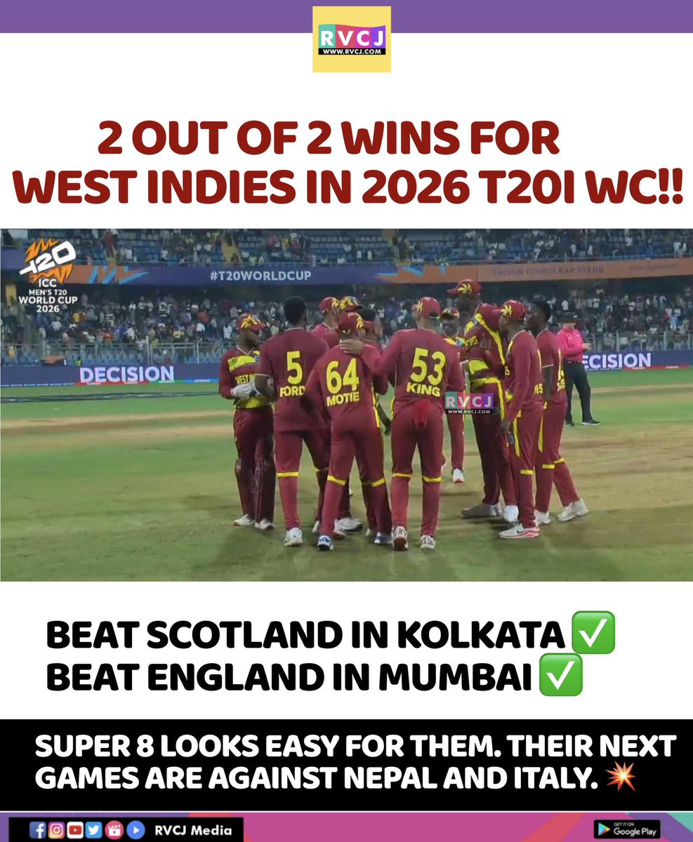 RVCJ_Sports's tweet photo. West Indies rolling early — 2/2 and looking dangerous in the T20 WC! 🔥 Super 8 loading…
#WestIndies #T20WorldCup #T20WC2026 #CricketFever #WIvsENG #MatchDay https://t.co/8tLMdARvWG