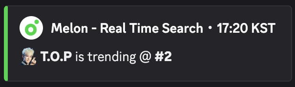 Melon - Real Time Search・17:20 KST  

💛 T.O.P is trending @ #2 on Melon  

#TTTOP #CHOISEUNGHYUN #CSH1IntoAnotherDimension