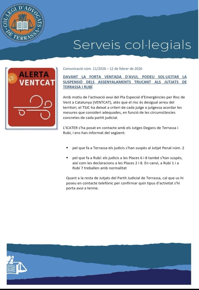 ICATERadvocats's tweet photo. #AlertaVentCat i jutjats ⚖️ Atenció advocats i advocades que treballeu als àmbits territorials de Terrassa i Rubí ⤵️ https://t.co/XMx3wDuIn2